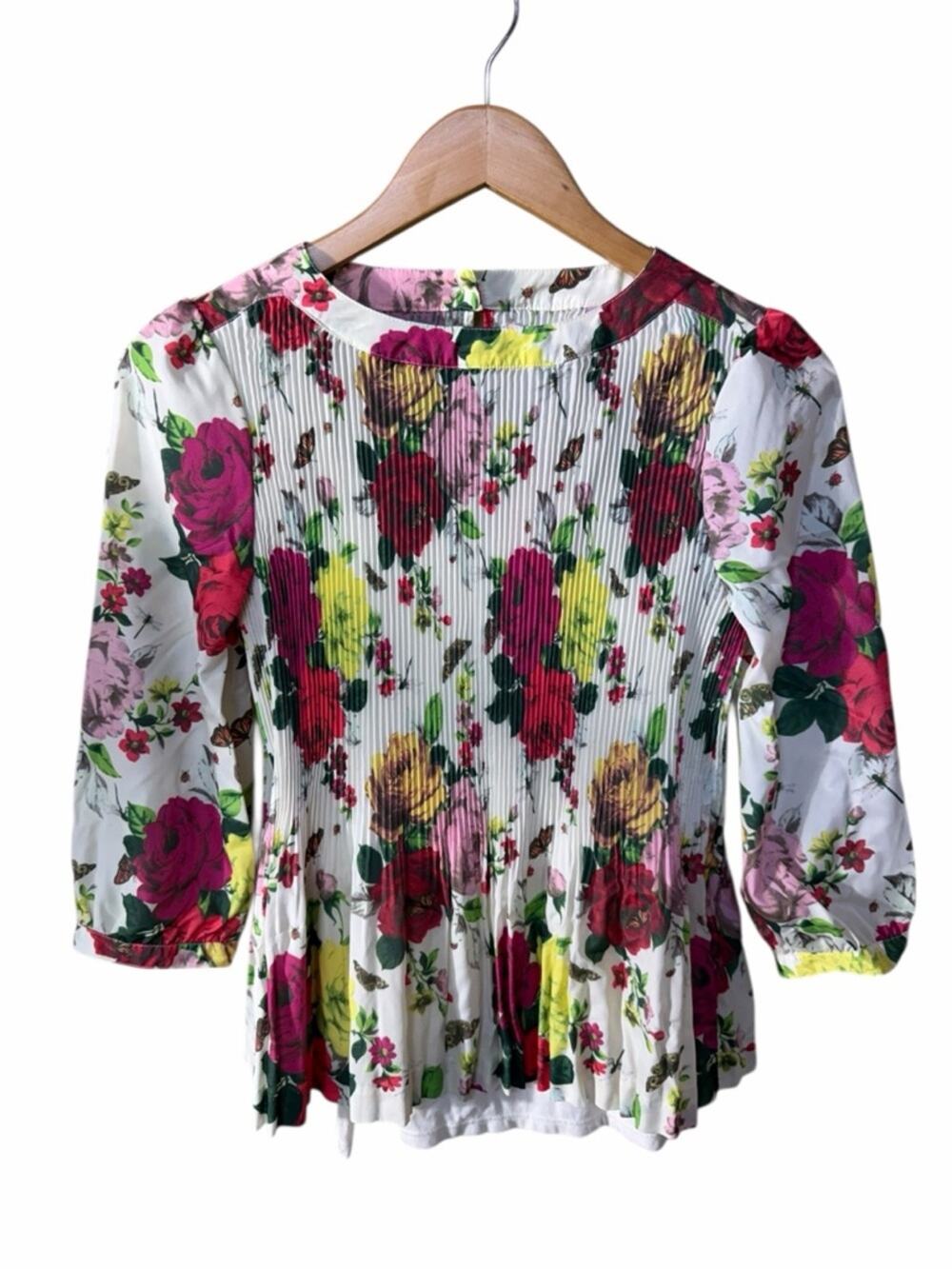 NEW Ted Baker White Floral Pleated Top with Pink & Yellow Roses Size XL/14